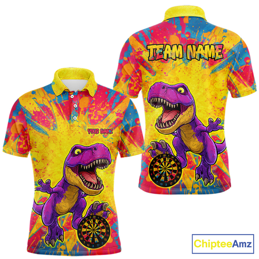 Front and back darts polo shirt featuring a purple dinosaur holding a dartboard within a bright colorful paint splatter background.