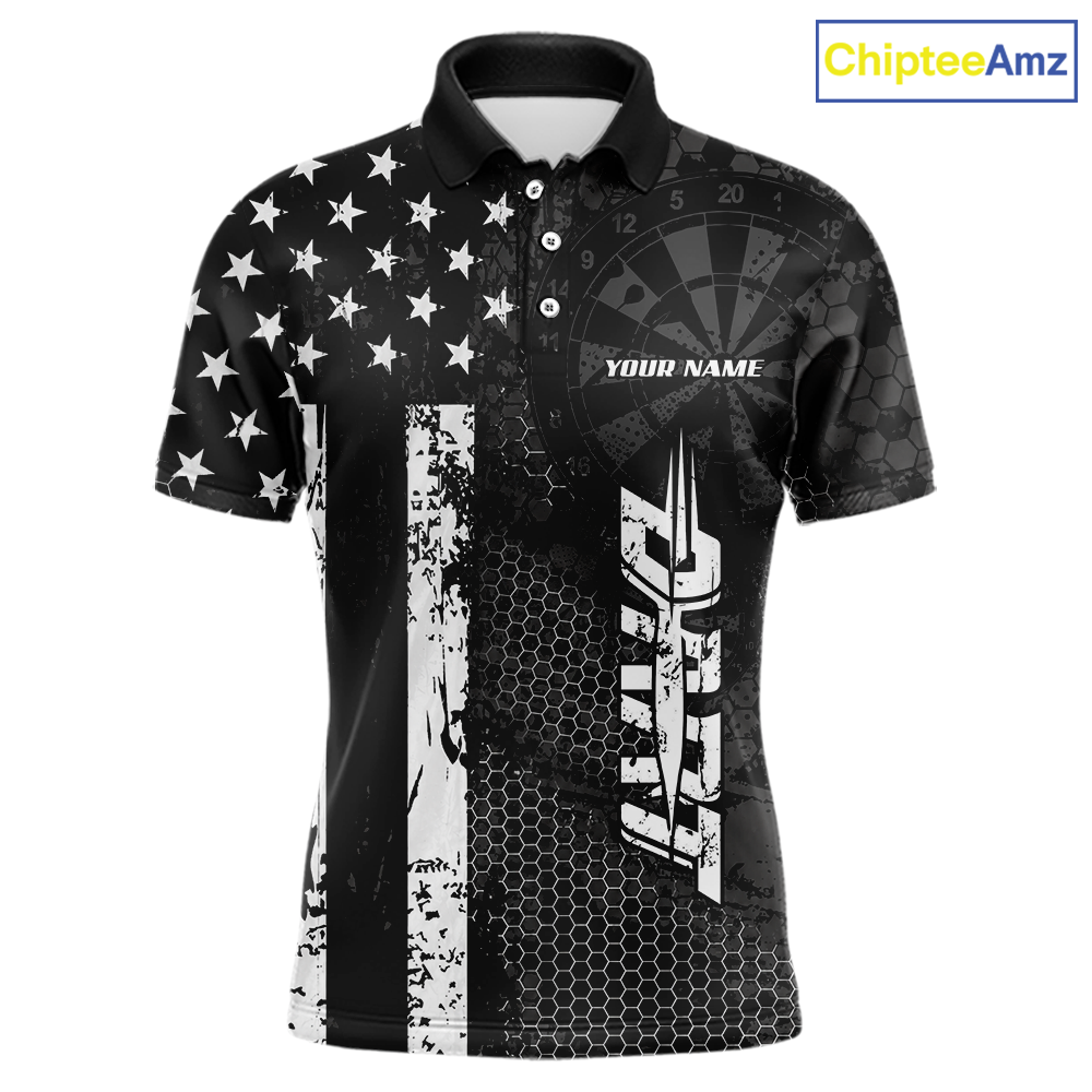 Front darts polo shirt featuring dartboard patterns layered with american flag graphics and geometric details on a black background.