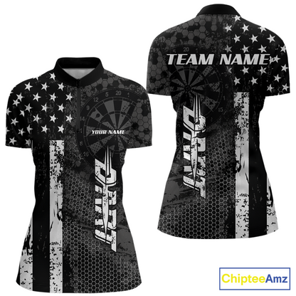 Front and back darts quarter zip shirt featuring dartboard patterns layered with american flag graphics and geometric details on a black background.
