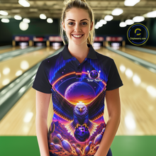 Load image into Gallery viewer, Woman wearing a black bowling polo with a eagle, glowing planet backdrop, bowling pins, and custom team and player name text.