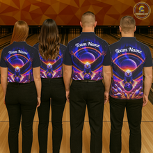 Load image into Gallery viewer, Four people wearing black bowling quarter zip with a eagle, glowing planet backdrop, bowling pins, and custom team name text.