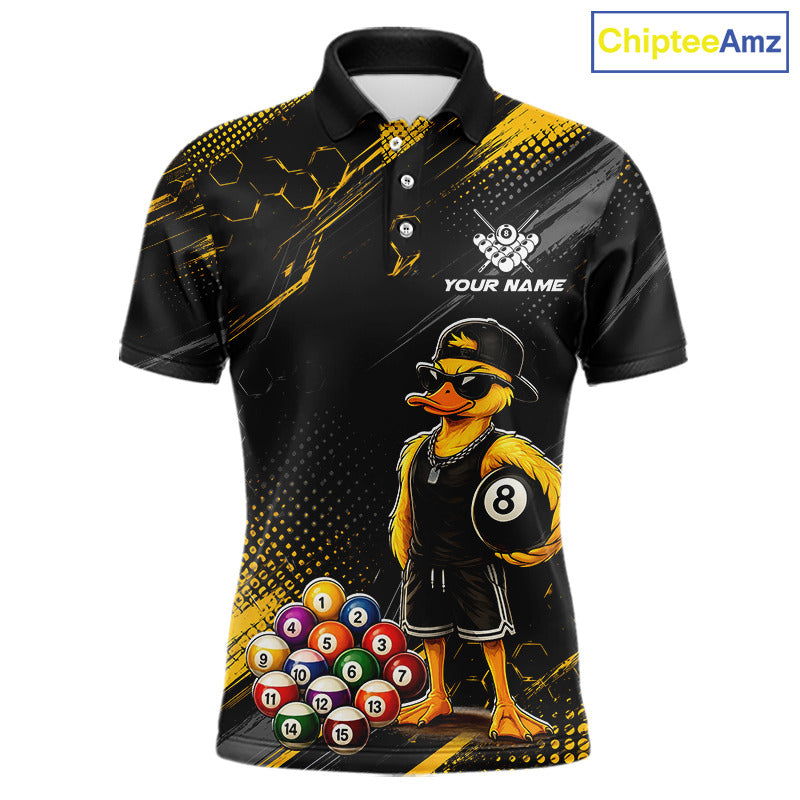 Front billiards polo shirt featuring a duck holding an eight ball with colorful pool balls arranged on a black yellow background.