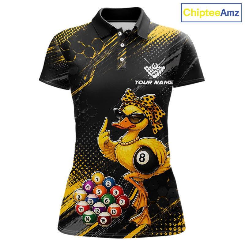 Front billiards polo shirt featuring a duck holding an eight ball with pool balls arranged across a black yellow background.