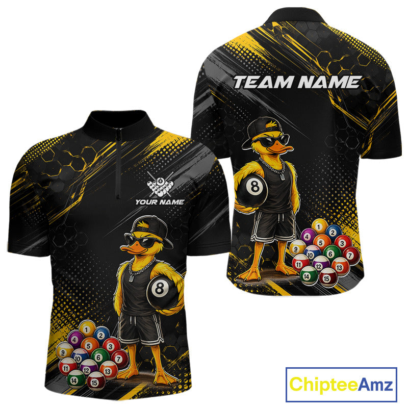 Front and back billiards quarter zip shirt featuring a duck holding an eight ball with colorful pool balls arranged on a black yellow background.