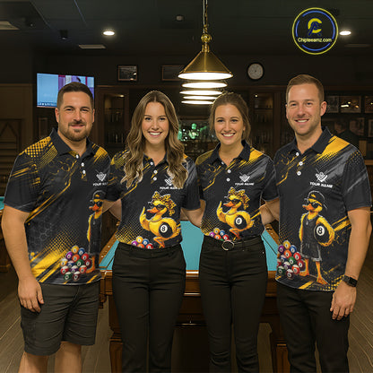 Four people wearing billiards polo shirt featuring a duck holding an eight ball with colorful pool balls arranged on a black yellow background.