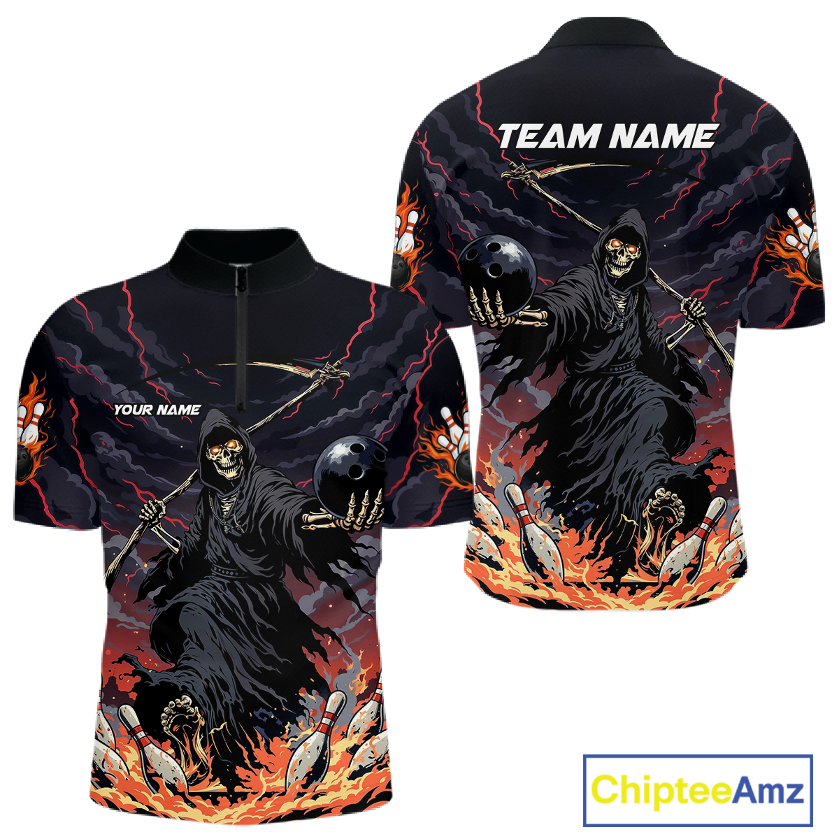 Custom Grim Reaper Flame Bowling Jersey for Men Bowling Team Shirts Polo & 1/4 Zip HNT193