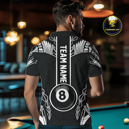 Custom 8 Ball Tribal Pattern Billiard Shirts for Men Billiard Team Shirts Billiard League Polo & 1/4 Zip NNT95