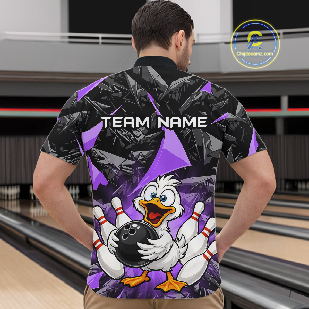 Custom Purple Funny Duck Bowling Jersey for Men Bowling League Bowling Team Shirts Polo & 1/4 Zip HN233