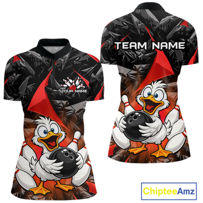 Custom Red Funny Duck Bowling Jersey for Women Bowling League Bowling Team Shirts Polo & 1/4 Zip HN233