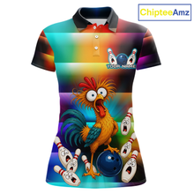 Load image into Gallery viewer, Front views of a colorful bowling polo featuring a shocked rooster chicken, blue bowling ball, surprised pins, and custom team and your text.