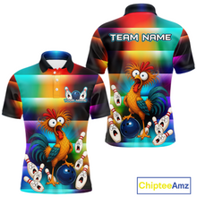 Load image into Gallery viewer, Front and back views of a colorful bowling  polo featuring a shocked rooster chicken, blue bowling ball, surprised pins, and custom team and your text.