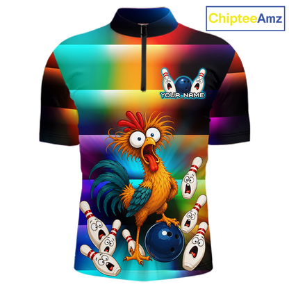 Front views of a colorful bowling  quarter zip featuring a shocked rooster chicken, blue bowling ball, surprised pins, and custom team and your text.