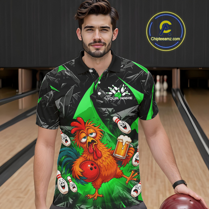Man wearing a black and green bowling polo featuring a wild rooster mascot holding a beer mug and red bowling ball, with custom your name text.