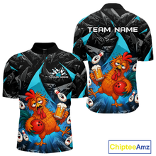 Load image into Gallery viewer, Front and back views of a black and turquoise bowling quarter zip featuring a wild rooster mascot holding a beer mug and red bowling ball, with custom team text.