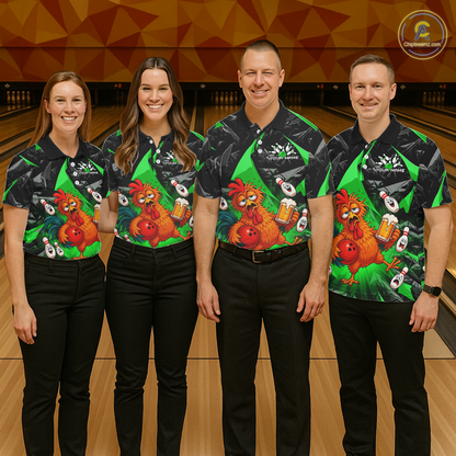 Four people wearing black and green bowling  quarter zip featuring a wild rooster mascot holding a beer mug and red bowling ball, with custom your name text.