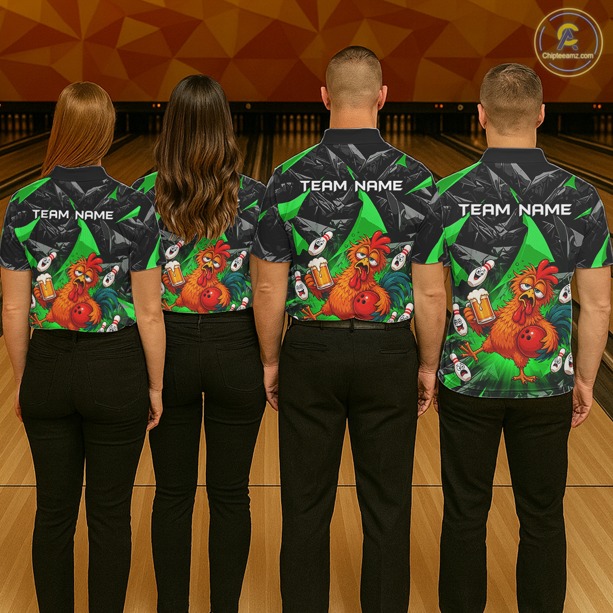Four people wearing black and green bowling  quarter zip featuring a wild rooster mascot holding a beer mug and red bowling ball, with custom team name text.
