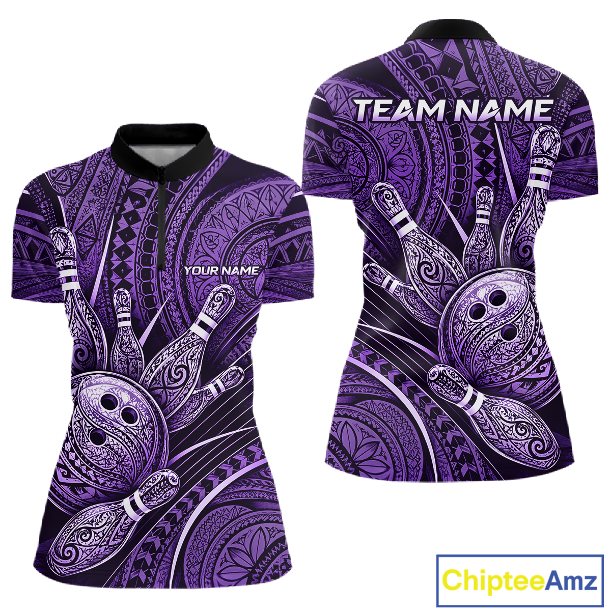 Front and back view personalized bowling quarter zip shirt with bowling balls and pins arranged within polynesian tribal patterned artwork across a purple layout.