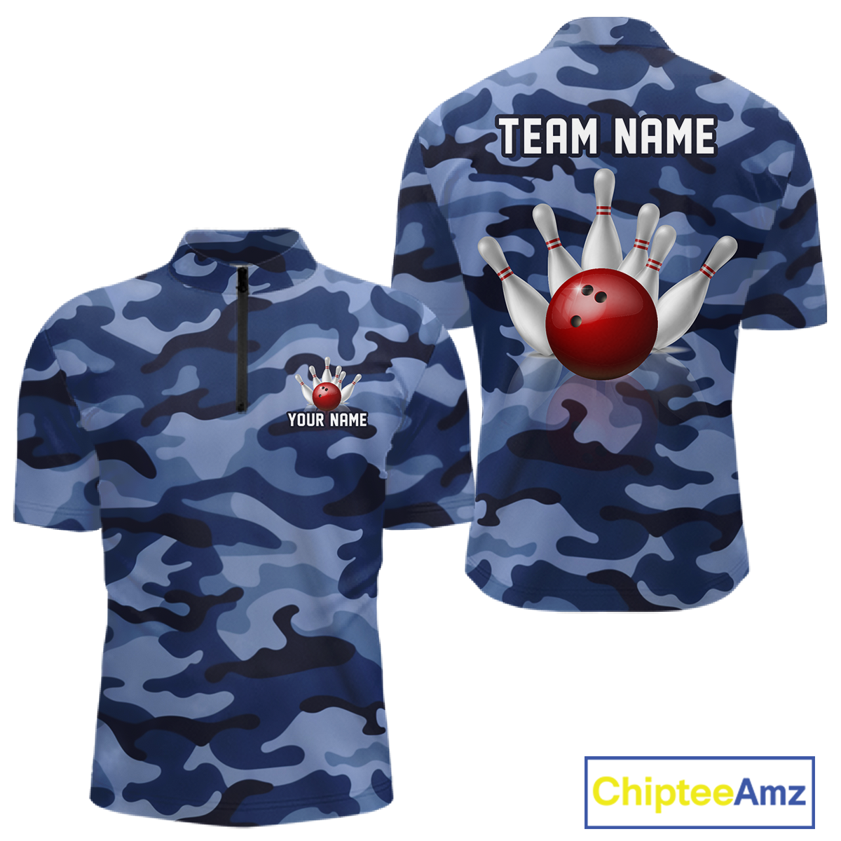 Custom Blue Camo Bowling Jersey for Men Bowling Team Shirts Bowling Uniform Polo & 1/4 Zip HNT167