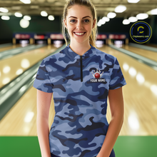 Load image into Gallery viewer, Custom Blue Camo Bowling Jersey for Women Bowling Team Shirts Bowling Uniform Polo &amp; 1/4 Zip HNT167