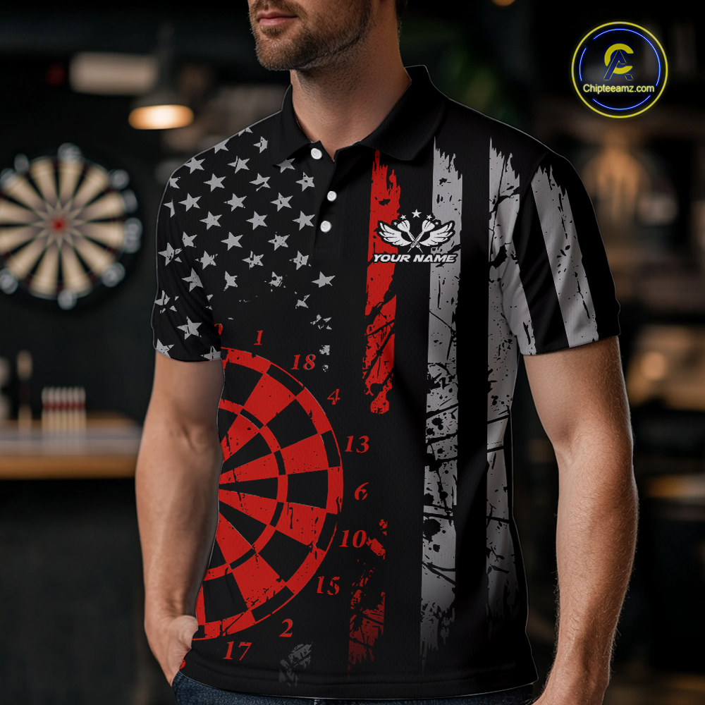 Custom Red US Flag Darts Shirt for Men Darts Team Jerseys Dart Tournament Polo & 1/4 Zip NNT116