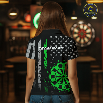 Custom Green US Flag Darts Shirt for Women Darts Team Jerseys Dart Tournament Polo & 1/4 Zip NNT116