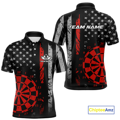 Custom Red US Flag Darts Shirt for Men Darts Team Jerseys Dart Tournament Polo & 1/4 Zip NNT116