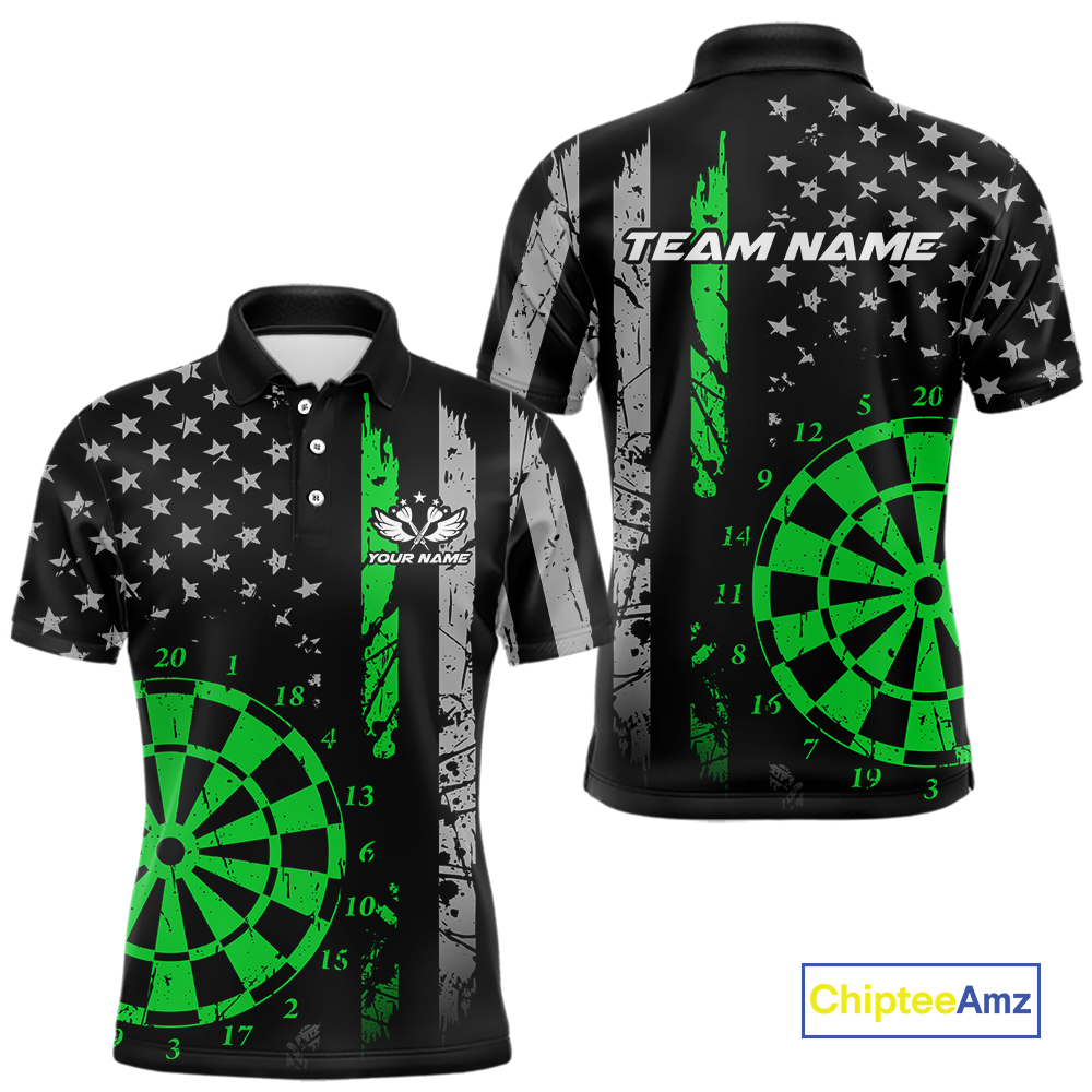 Custom Green US Flag Darts Shirt for Men Darts Team Jerseys Dart Tournament Polo & 1/4 Zip NNT116