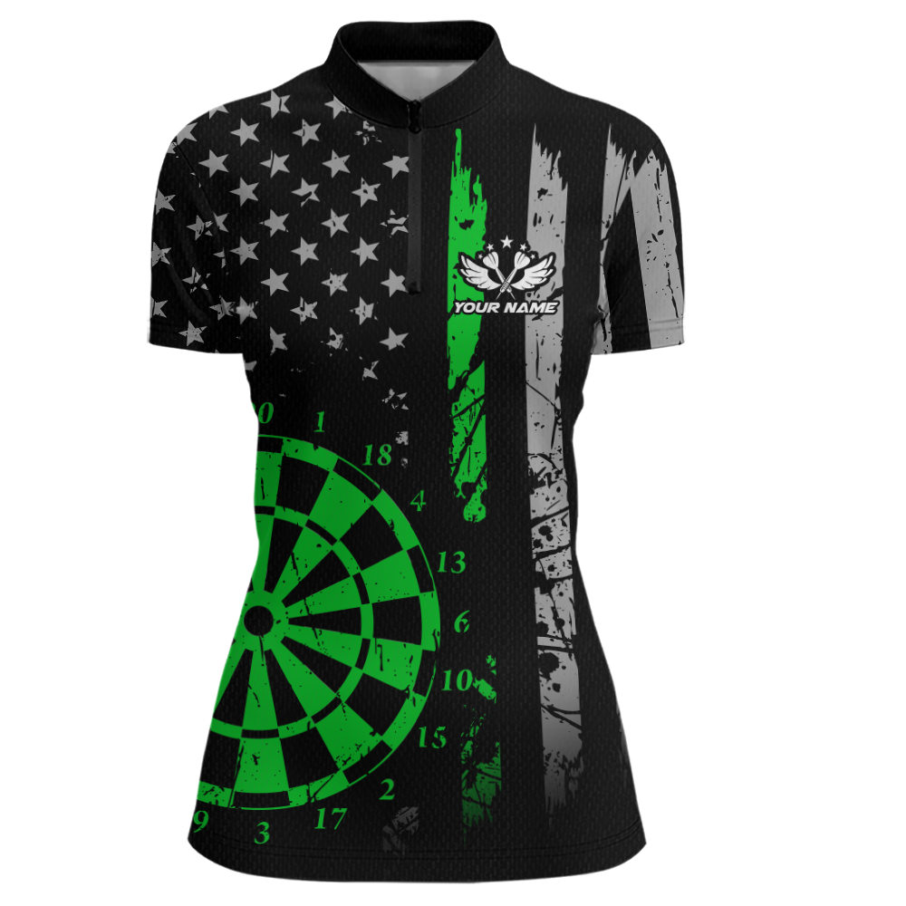 Custom Green US Flag Darts Shirt for Women Darts Team Jerseys Dart Tournament Polo & 1/4 Zip NNT116