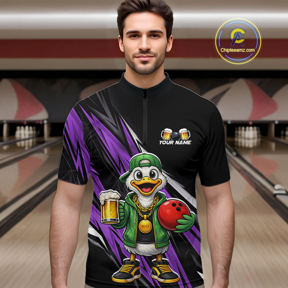 Custom Purple Beer Duck Bowling Shirt for Men Duck Funny Beer Bowling Team Jersey HNT276