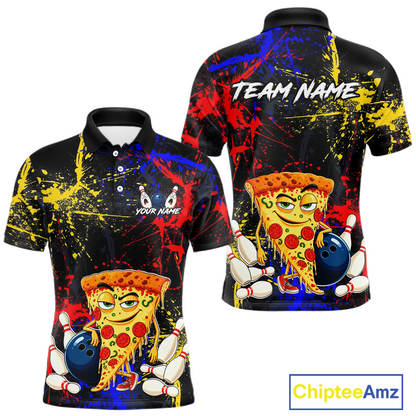 Front and back views of a black bowling polo featuring colorful red, yellow, and blue paint splatter graphics, a cartoon pizza slice mascot, bowling pins, and custom team text.