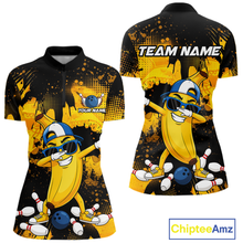 Load image into Gallery viewer, Front and back views of a black and yellow bowling quarter zip featuring a cool banana mascot dabbing, bowling pins, a blue bowling ball, and custom team text.