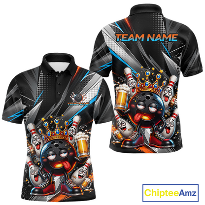 Front and back view personalized bowling polo shirt with a crowned bowling ball character surrounded by pins and angled graphic patterns across a black layout.