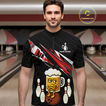 Custom Red Funny Beer Bowling Jersey for Men Bowling Team Shirts Polo & 1/4 Zip HNT170