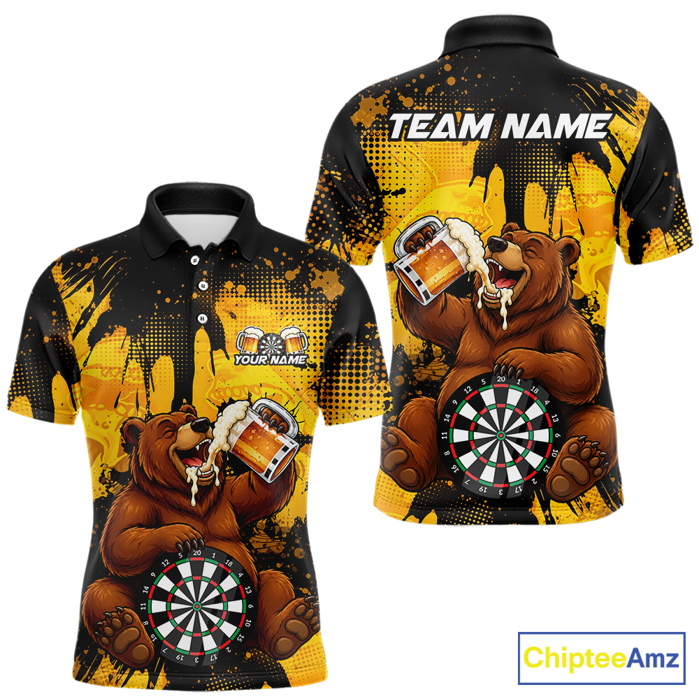 Front and back views of a black and yellow darts polo featuring a bear drinking beer, dartboard graphics, and custom team and player name text.