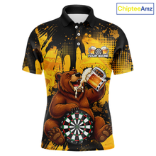 Load image into Gallery viewer, Polo shirt with bear holding a beer mug and dartboard design, brand 'ChipteeAmz' visible.