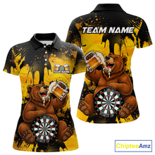 Load image into Gallery viewer, Front and back views of a black and yellow darts polo featuring a bear drinking beer, dartboard graphics, and custom team and player name text.