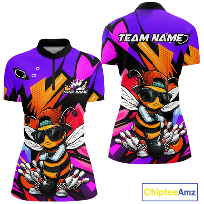 Custom Funny Bee Graffiti Pattern Bowling Jersey for Women Bowling Team Shirts Polo & 1/4 Zip HNT174