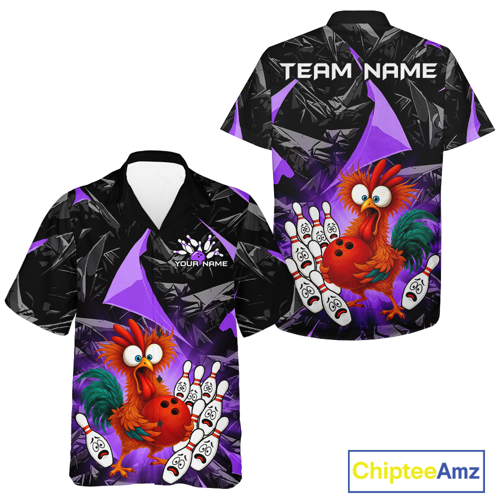 Custom Purple Funny Chicken Hawaiian Bowling Jersey for Men Women Bowling Team Shirts HNT138