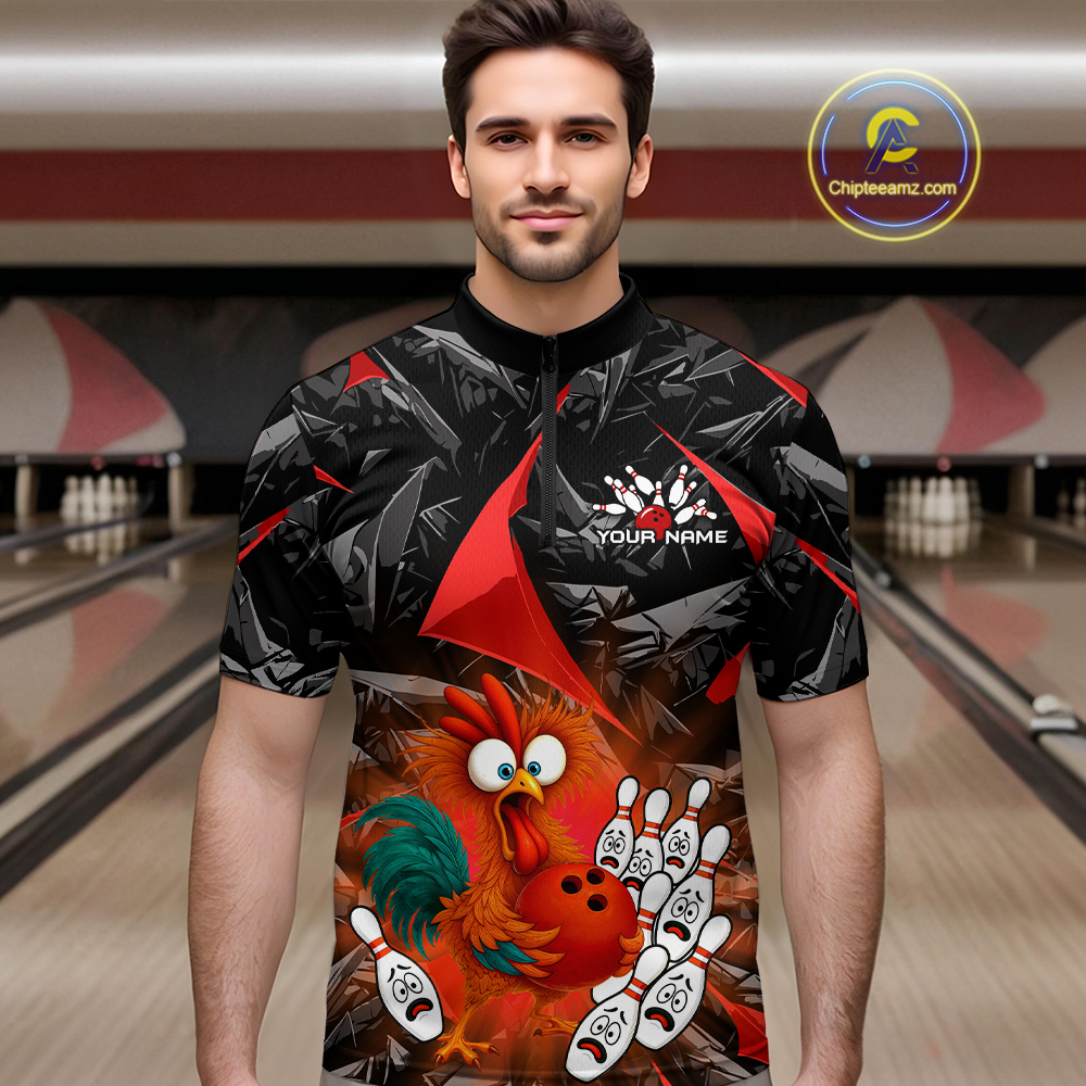Custom Red Funny Chicken Bowling Jersey for Men Bowling Team Shirts  Polo & 1/4 Zip HNT138