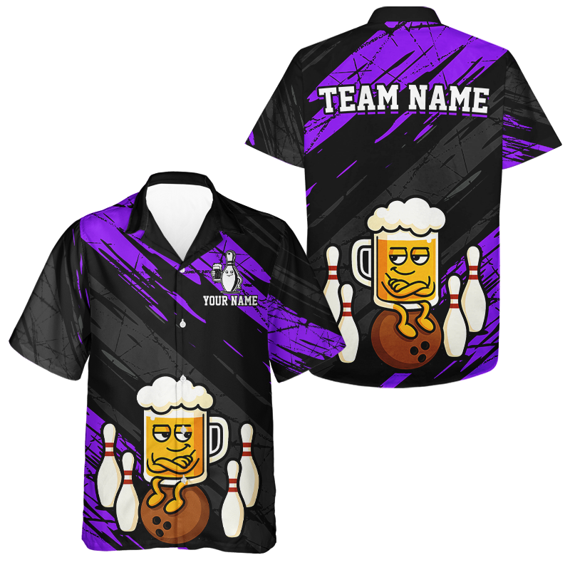 Custom Purple Funny Beer Hawaiian Bowling Jersey Bowling Uniform Bowling Team Shirts HNT107