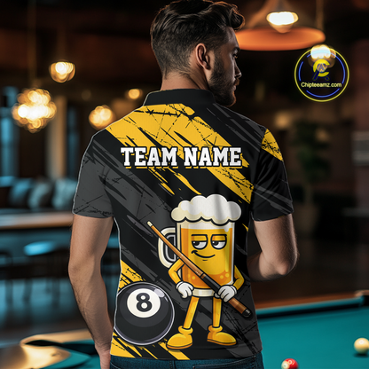 Custom Funny Yellow Beer 8 Ball Pool Men Billiard Polo & 1/4 Zip, Billiard Shirt, Billiard Team Jerseys NNT146