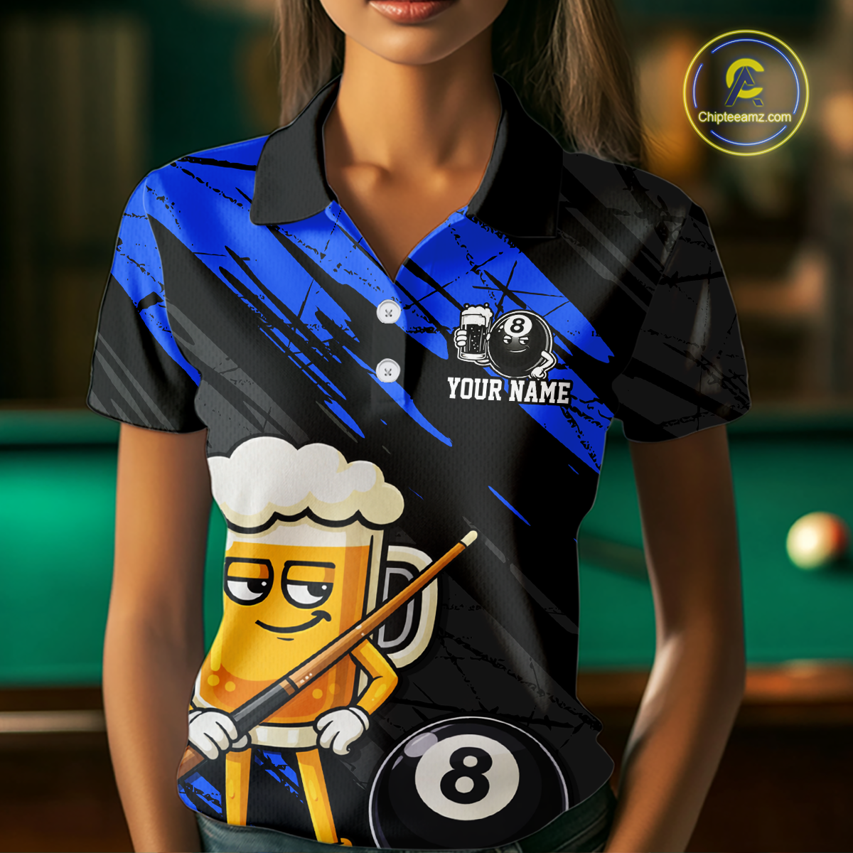 Custom Funny Blue Beer 8 Ball Pool Women Billiard Polo & 1/4 Zip, Billiard Shirt, Billiard Team Jerseys NNT146