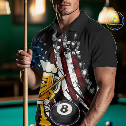 Custom Funny US Flag Beer 8 Ball Pool Men Billiard Polo & 1/4 Zip, Billiard Shirt, Billiard Team Jerseys NNT146