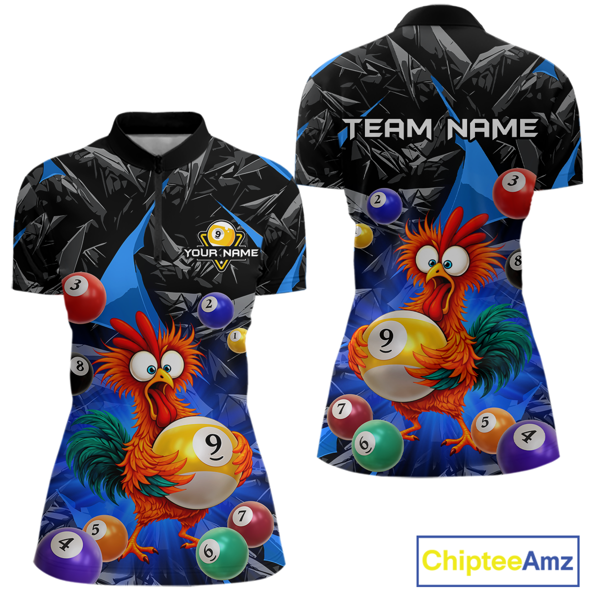 Custom Funny Blue Chicken 9 Ball Pool Billiard Shirt for Women Polo & 1/4 Zip, Billiard Team Jerseys NNT157