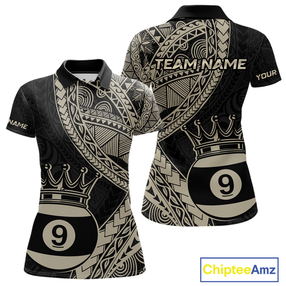 Custom Black and Gold Tribal 9 Ball Pool Billiard Shirt for Women Billiard League  Polo & 1/4 Zip NNT155