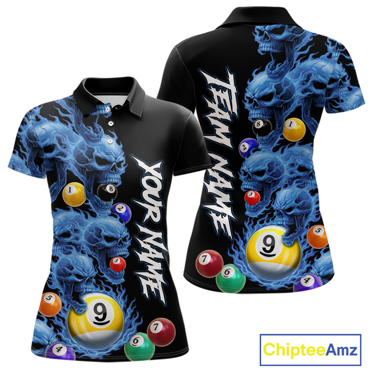 Custom Blue Flame Skull 9 Ball Pool Billiard Shirt for Women Polo & 1/4 Zip, Billiard Team Jerseys NNT1159
