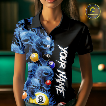 Custom Blue Flame Skull 9 Ball Pool Billiard Shirt for Women Polo & 1/4 Zip, Billiard Team Jerseys NNT1159