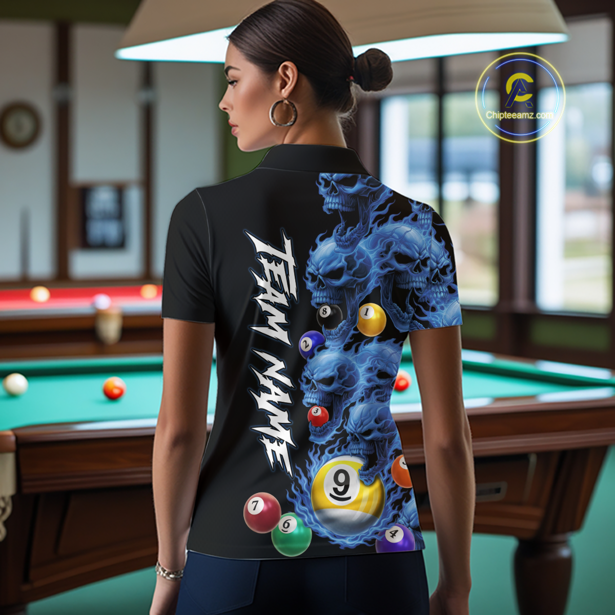 Custom Blue Flame Skull 9 Ball Pool Billiard Shirt for Women Polo & 1/4 Zip, Billiard Team Jerseys NNT1159