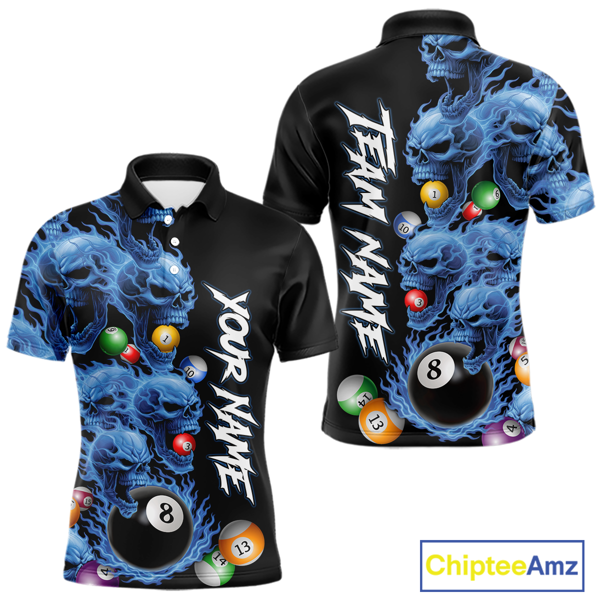 Custom Blue Flame Skull 8 Ball Pool Billiard Shirt for Men Polo & 1/4 Zip, Billiard Team Jerseys NNT160