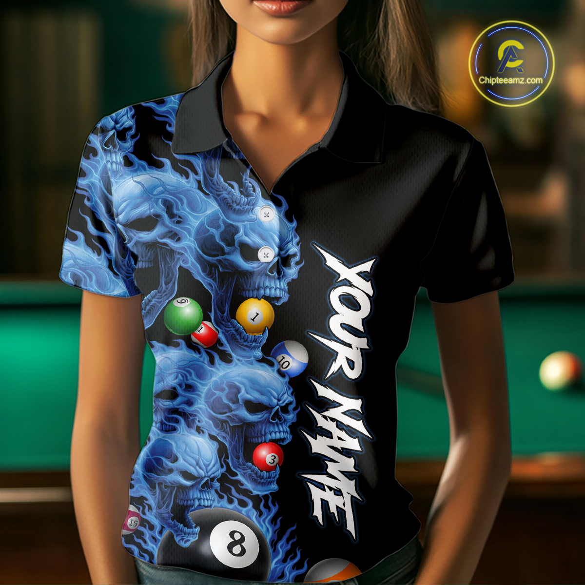 Custom Blue Flame Skull 8 Ball Pool Billiard Shirt for Women Polo & 1/4 Zip, Billiard Team Jerseys NNT160